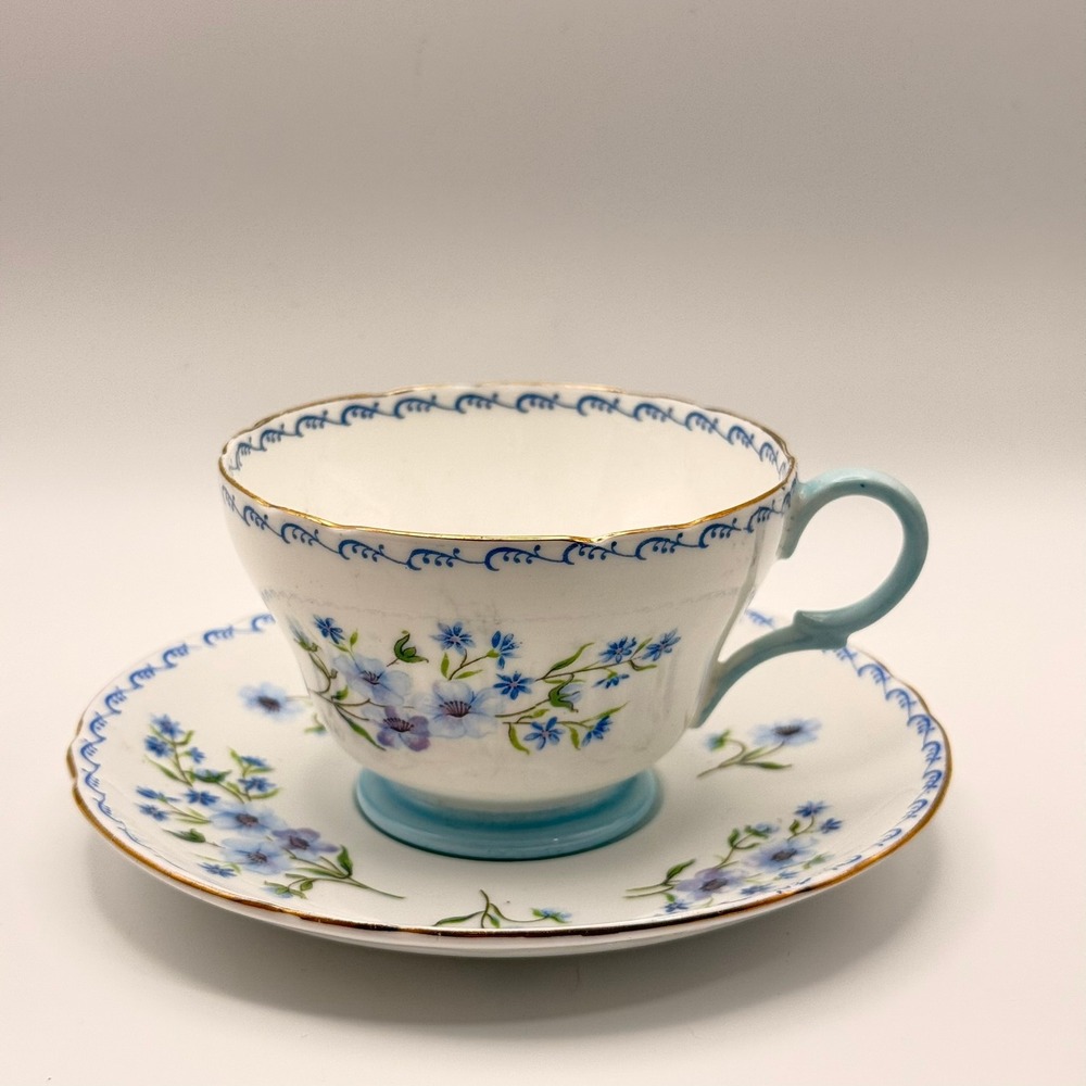 Shelley England Blue Rock Tea Cup and Saucer Set 13545 Fine Bone China Floral